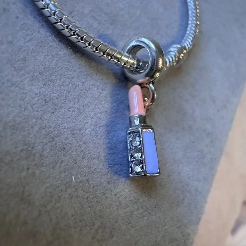 Lipstick Charm Bead Dangle Pink Blue Enamel Crystal Silver Tone Bracelet
